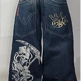 Hip-Hop Skull Printed Jeans For Men And Women High Street Tide Brand Loose Wide-Legged Floor Trousers-Outfit