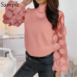 Mesh Patchwork Black White Vintage Puff Long Sleeve Blouse Shirts Women Casual Turtleneck Elegant Blouse Tops