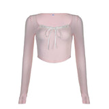 Desire Atmosphere Tie-Up Small Sexy Square Collar Low-Cut Slim Pink Long-Sleeved T-Shirt 2024 Spring / Summer New Style-Outfit