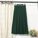 Korean Style Pleated Midi Skirt Women Casual New Fashion High Elastic Waist Skirts Black Pink Elegant Skirt Belt