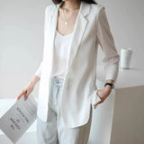 Women Fashion Loose Solid Long Sleeve Notched Thin Sunscreen Leisure All-match Korean Style Minimalist Summer