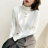 Velvet Bottomed Shirt With Autumn And Winter Foreign Style Long Sleeves 2023 New Half-High Collar Velvet Thickened T-Shirt Blouse-Outfit