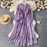Yellow/Purple/Green Lace Patchwork Long Dress Women Spring Autumn Elegant Round Neck Puff Sleeve High Waist A-Line Party