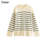 Women Classical Striped Print Casual Loose Knitting Sweater Female Long Sleeve Chic Side Split Leisure Tops
