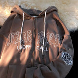 Women Letter Embroidery Hoodies Autumn Winter Retro Zipper Long Sleeve Loose Jacket Coats Y2K Harajuku Casual Hooded Sweatshirts 703-0-Outfit