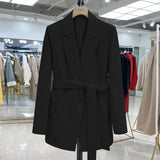 VAREY LIN New Spring Women Turn-down Collar Sash Tie Up Blazer Elegant Office Lady Beige Black Long Sleeve Blazer with