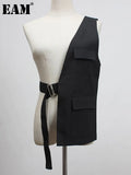 Women Loose Fit Black One Side Buckle Split Joint Vest New V-collar Sleeveless Fashion Tide Spring Autumn 2023