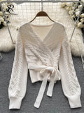 Autumn Bow Tie Retro Sweater Gentle V Neck Cross Elastic Slim Long Sleeve Female Streetwear Solid Knitted