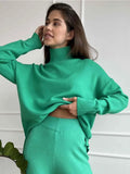 Women Turtleneck Knitted Sweater Set Casual Solid Sweater High Waist Wide Leg Pant Suit 2022 Autumn Fashion Lady Knitwear