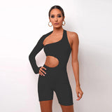 Casual Sports Hollow Out Skinny Fitness Shorts Jumpsuit Women Fashion Asymmetry Long Sleeve Workout Slim Soft Jumpsuit-Outfit