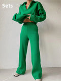 Women's Trousers Suit 2022 Winter Loose Solid Polo Neck Two Piece Set Casual Long Sleeve Knitwear+Wide Leg Pants