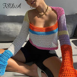 Knitted Long Sleeve Crop Top Women Beach Autumn Summer Patchwork Vintage Green Casual T Shirts Sexy