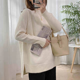 Women Mock Neck Pullovers Sweater High Quality Loose Long sleeve Jumper Split For Women Fall Winter Warm Knitted