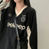 Print American Casual Hoodie Women Loose V-neck Contrast Color All-Match Pullover Baseball Top-Outfit