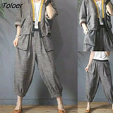 Cotton Linen Striped Jacket Suits Women Retro Hit Color Loose Large Size Small Coat Wild Striped Old Pants Two Piece