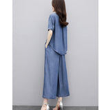 Cowboy Broad Leg Pants Set Summer Large Size Cover Thin Mother Casual Loose Ocean To Lose Age Thin