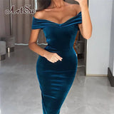 Velvet Spaghetti Strap Sexy Dress Backless Bodycon High Waist Purple Blue Summer Party Club Midi Dress