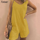 summer Women's Jumpsuit Solid Color Sleeveless Adjustable Straps Pockets Loose Jumpsuit Dungarees Short Pants