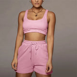Solid Sportswear 2 Two Piece Sets Women 2021 Crop Top And Drawstring Shorts Matching Suits Summer Athleisure Outfits