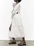 Hollow Out Midi Dresses For Women V Neck Long Sleeve High Waist Loose Solid Elegant Folds A Line Dress Female