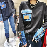 Women's 2022 New Fashion Chic Loose Pullover Denim Stitching Long Sleeve T-shirt Personality Tops Casual Pullovers