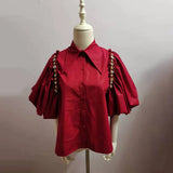 White Patchwork Diamonds Shirts For Women Lapel Puff Short Sleeve Straight Korean Blouses Female New Summer
