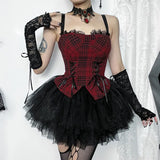 Summer New Sexy Hot Girl Blouse Dark Style Slim Christmas Red Plaid Vest Girl-Outfit