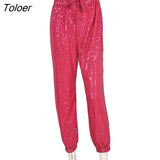 Sequin Sequin Drawstring Casual Pants 2023 Fashion New High Waist Ladies Lace-up