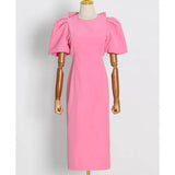 Pink Sexy Dress For Women Round Neck Puff Sleeve Patchwork Bowknot Backless High Waist Midi Dresses Female