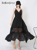 Sexy Cut Out Sling Dress For Women V Neck Sleeveless High Waist Solid Minimalist Midi Dresses Female Summer