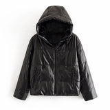 Women Fashion Thick Warm PU Faux Leather Padded Jacket Coat Long Sleeve Hooded Parka Coat Female Elegant Outerwear