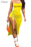 Color Spaghetti Strap Ruched Drawstring Long Party Dress Women 2023 Summer Low Neck Sleeveless Side High Split Prom