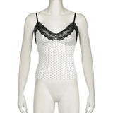 Polka Dot Crop Top Sexy Buttons Contrast Lace Patchwork V-neck Camisole Coquette Casual Basic Tank Tops All-match-Outfit
