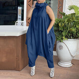 Celmia 2022 Women Long Jumpsuits Fashion Stacking High Collar Sleeveless Sexy Rompers Casual Dropped Crotch Zipper Harem