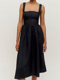 Elegant Women Square Neck Front Buttons Up Sling Dress for Women High Waist A-line Dress Summer Party Female Vestidos-Outfit
