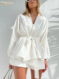 Fashion Long Sleeve Robes Top Two Piece Sets Womens Outifits Autumn Casual White Home Suit Elegant Shorts Women'S