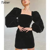 Evening Puff Sleeve Women Velvet Dress Winter Black Sexy Bodycon Dress Square Collar Mini Party Dresses
