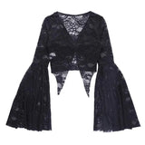 Dark Lace See Through Mall Gothic Women T-shirts Emo Sexy Grunge Aesthetic Flare Sleeve Crop Tops Y2k Black V-neck Alt Tees-Outfit
