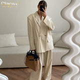 Vintage Long Sleeve Blazers Womens Two Peice Sets Fashion Loose Stripe Print Pant Set Elegant Office Lady Trouser