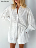 Summer White Elegant Jacquard Fabric Soft Vacation Suits Women Long Sleeves Shirts And Hot Pants Two Pieces