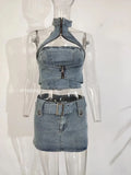 Women's Denim 2 Pcs Set Halter Hollow Out Camis High Waist Slim Black Belt Skirt Suits 2024 Summer New Fashion 11D10231-Outfit