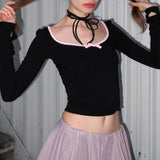 Bowknot Splicing Colour Knitting Skinny Blouse Woman 2024 Sweet Spice Girl French Ballet Style Slim Hollow T-Shirt-Outfit
