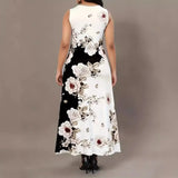And Summer Explosion Print Slings Large-Size Dress Flower Pocket Necking A-Character Dress Women's