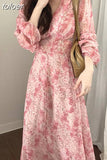 V-neck Elegant Print Chiffon Dress Women Female Puff Sleeve Korean Floral Party Dress Lady Fashion Vestidos Spring