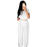 Dropshpping High Quality New Women Two-piece Sets Solid Color Tight Casual Sets Tight Top + Wide Leg Pants