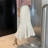 Spring Knitted Mermaid Sweater Skirt Elastic High Waist Women Midi Skirt Solid Ruffle Party Skirts