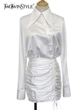 Korean Fashion White Dress For Women Lapel Long Sleeve High Waist Solid Fold Pleated Mini Dresses Female
