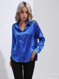 Satin Shirt Satin Imitation Silk Long-Sleeved Pure Color Elegant Button Front Lapel Shirt-Outfit