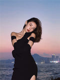 Fashion Sexy Sheath Split Off Shoulder Knitted Dresses for Women Party Female Club Y2K Bodycon Backless Clothing