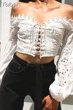 Spring New Hot Sexy Holiday Style Slash Neck Lace Bandage Embroidery Hollow Out Solid Color Lantern Sleeve Blouse